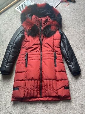 Oxygen Red Hooded Women's Long Puffer Coat with Black Sleeve Accents